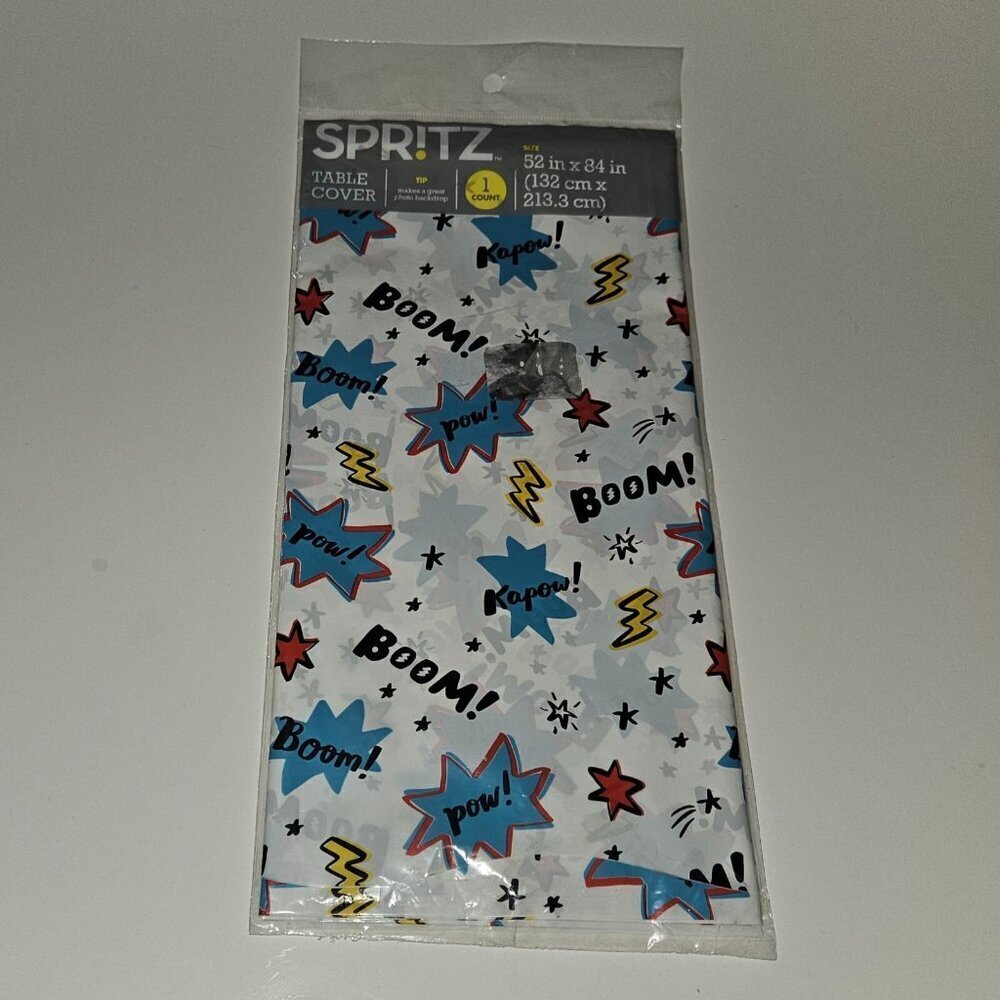 NEW Spritz Boom Pow Kapow 52" x 84" Table Cover Photo Backdrop Super Hero Party